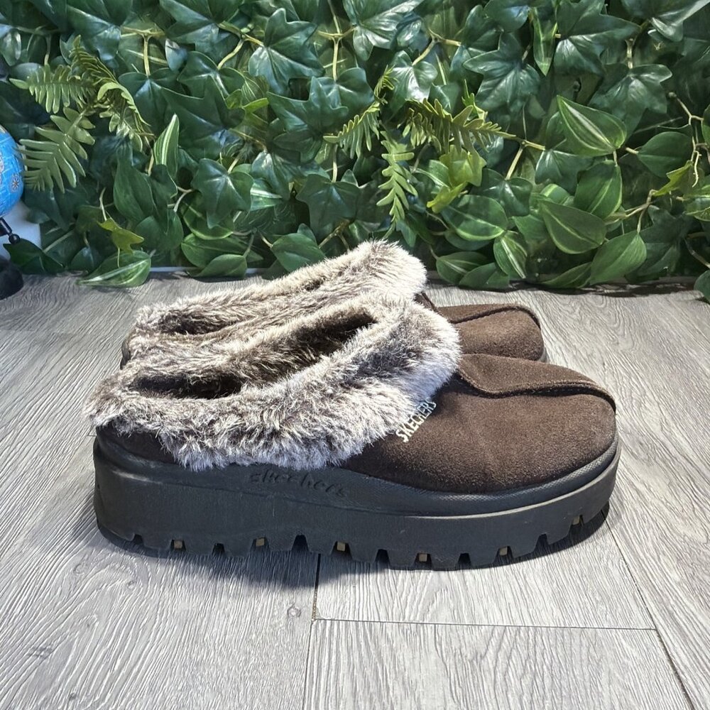 Vtg y2k Skechers Slipper Womens Size 9.5 Clog Brown Leather Faux Fur Slip On